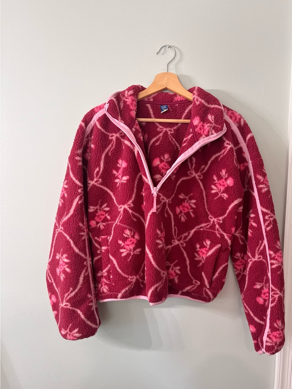 NWT Old Navy Pink Floral Sherpa Half-Zip Fleece Pullover Size L